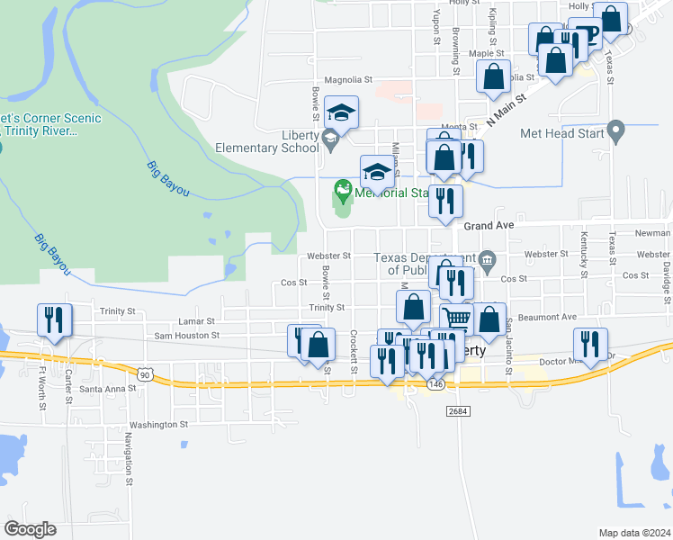 map of restaurants, bars, coffee shops, grocery stores, and more near 1511 Cos Street in Liberty