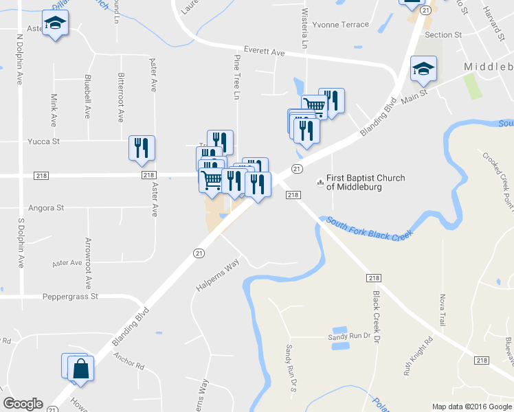 map of restaurants, bars, coffee shops, grocery stores, and more near 2729 Blanding Boulevard in Middleburg