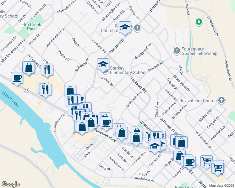 map of restaurants, bars, coffee shops, grocery stores, and more near 901 W Main St in Kerrville