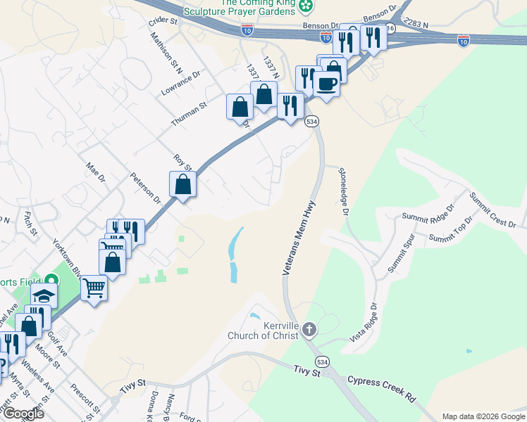 map of restaurants, bars, coffee shops, grocery stores, and more near 825 Laura Belle Dr in Kerrville