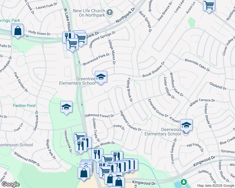 map of restaurants, bars, coffee shops, grocery stores, and more near 3310 Highland Laurels Drive in Humble