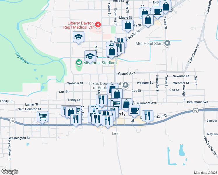 map of restaurants, bars, coffee shops, grocery stores, and more near 608 Travis Street in Liberty