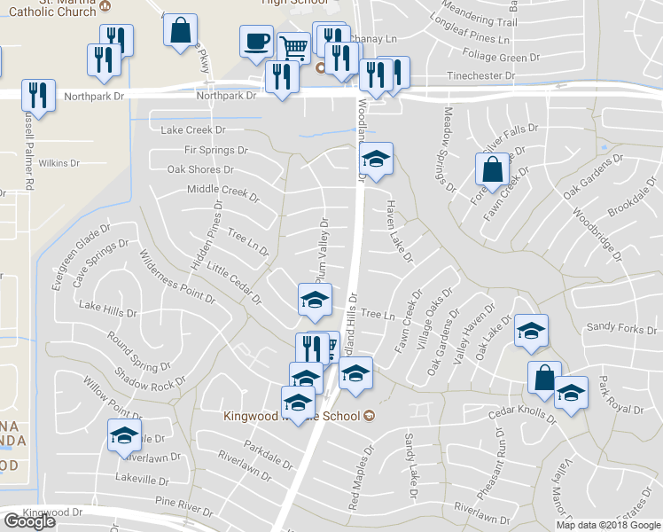map of restaurants, bars, coffee shops, grocery stores, and more near 2203 Vista Manor Drive in Humble