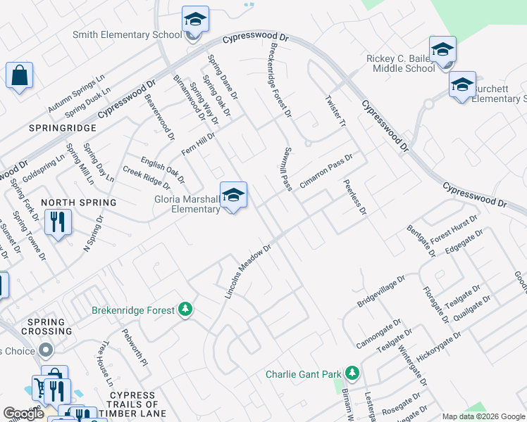 map of restaurants, bars, coffee shops, grocery stores, and more near 23439 Dukes Run Drive in Spring