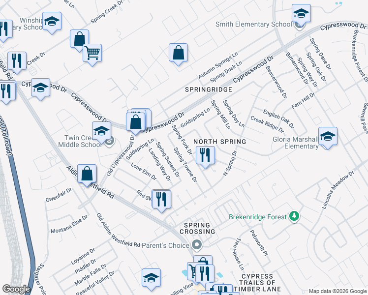 map of restaurants, bars, coffee shops, grocery stores, and more near 24202 Spring Towne Drive in Spring