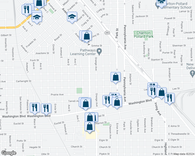 map of restaurants, bars, coffee shops, grocery stores, and more near 2570 Victoria Street in Beaumont