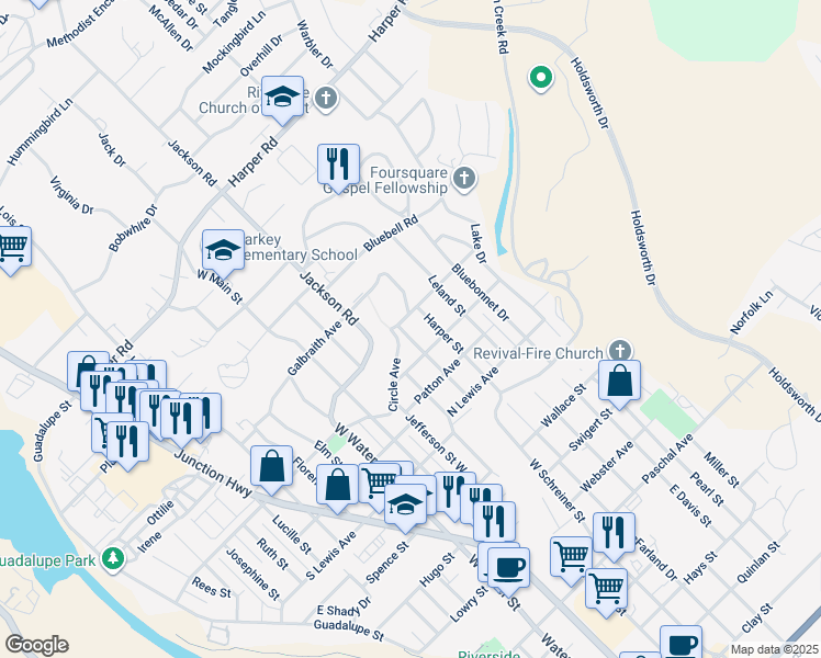 map of restaurants, bars, coffee shops, grocery stores, and more near 610 Stephen Street in Kerrville