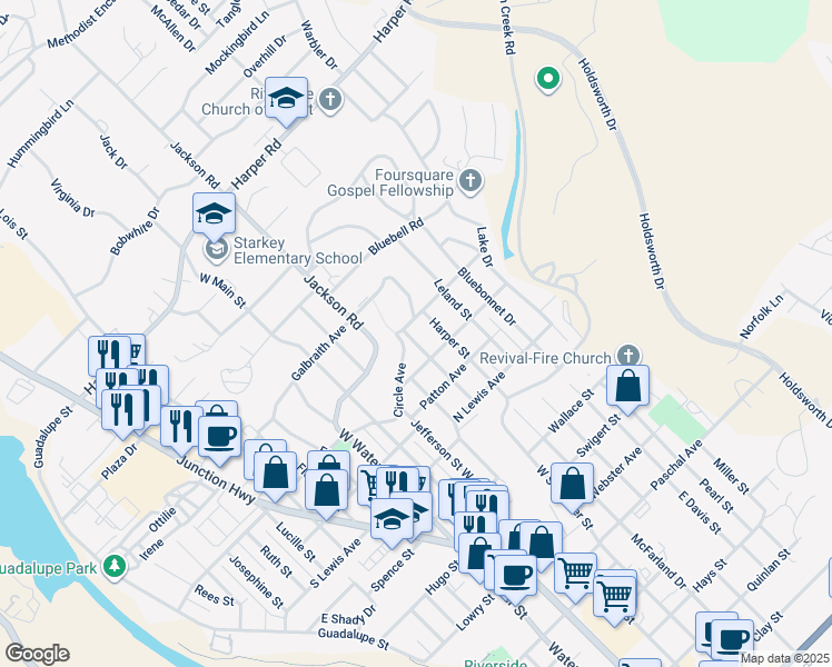 map of restaurants, bars, coffee shops, grocery stores, and more near 610 Stephen Street in Kerrville
