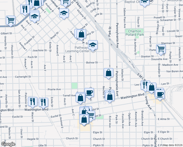 map of restaurants, bars, coffee shops, grocery stores, and more near 2570 Victoria Street in Beaumont