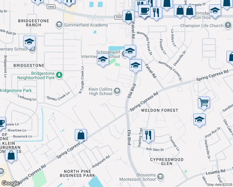 map of restaurants, bars, coffee shops, grocery stores, and more near 20811 Ella Boulevard in Spring