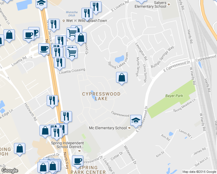 map of restaurants, bars, coffee shops, grocery stores, and more near 19935 Cypresswood Creek in Spring