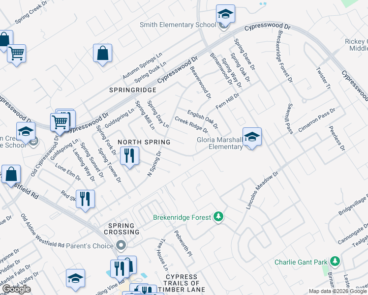 map of restaurants, bars, coffee shops, grocery stores, and more near 23903 Spring Mill Lane in Spring