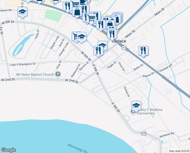 map of restaurants, bars, coffee shops, grocery stores, and more near 309 Cardinal Street in LaPlace