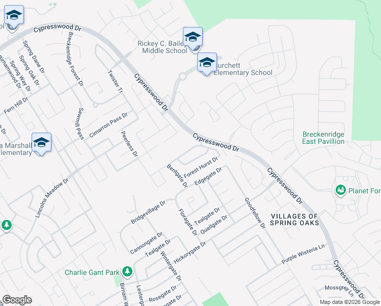 map of restaurants, bars, coffee shops, grocery stores, and more near 4926 Forest Hurst Glen in Spring