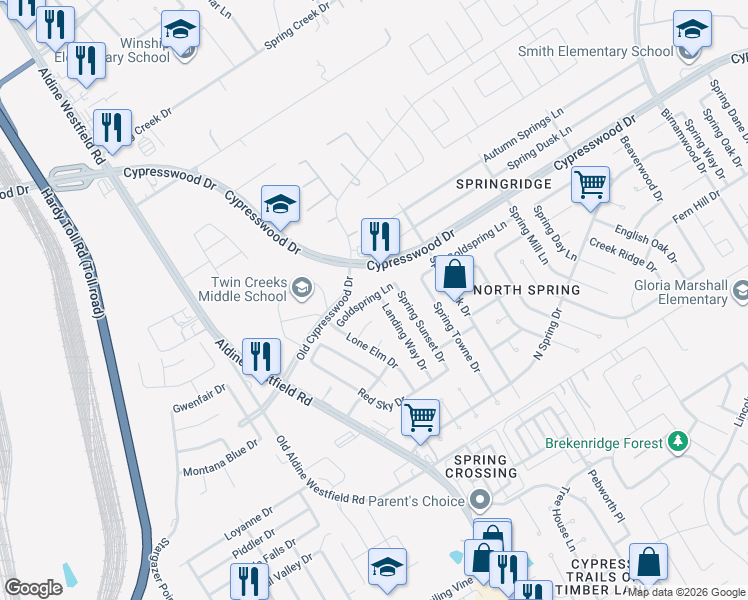 map of restaurants, bars, coffee shops, grocery stores, and more near 24239 Landing Way Drive in Spring