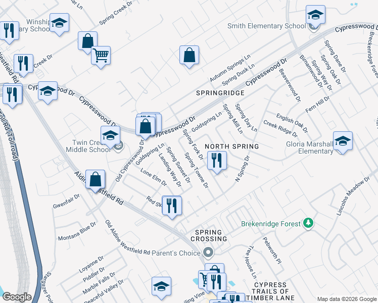 map of restaurants, bars, coffee shops, grocery stores, and more near 24202 Spring Towne Drive in Spring