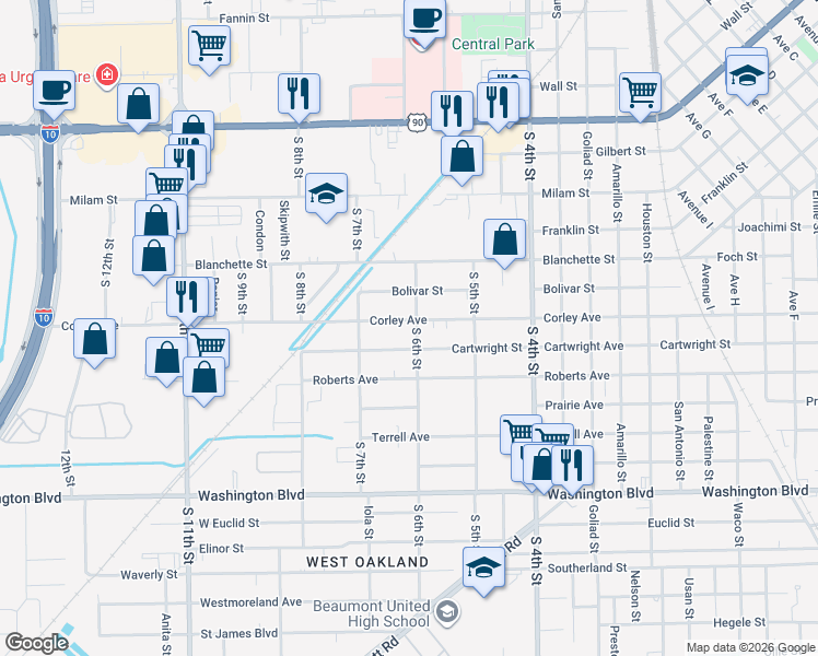 map of restaurants, bars, coffee shops, grocery stores, and more near 3115 Corley Street in Beaumont