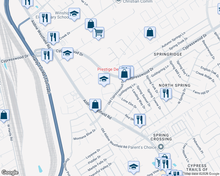 map of restaurants, bars, coffee shops, grocery stores, and more near 27100 Old Cypresswood Drive in Spring