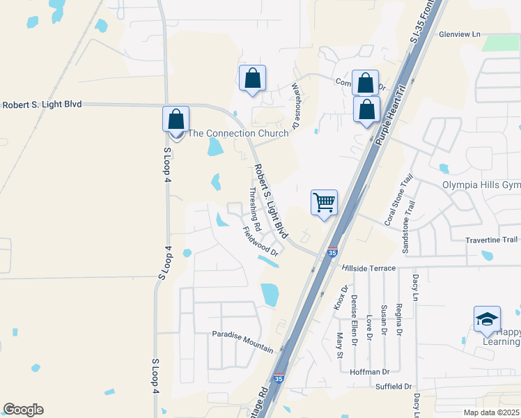 map of restaurants, bars, coffee shops, grocery stores, and more near 515 Fieldwood Drive in Buda