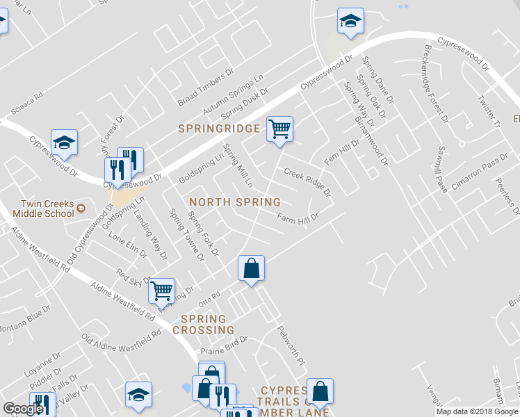 map of restaurants, bars, coffee shops, grocery stores, and more near North Spring Drive in Spring