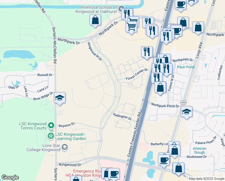 map of restaurants, bars, coffee shops, grocery stores, and more near 24025 Kingwood Place Drive in Houston