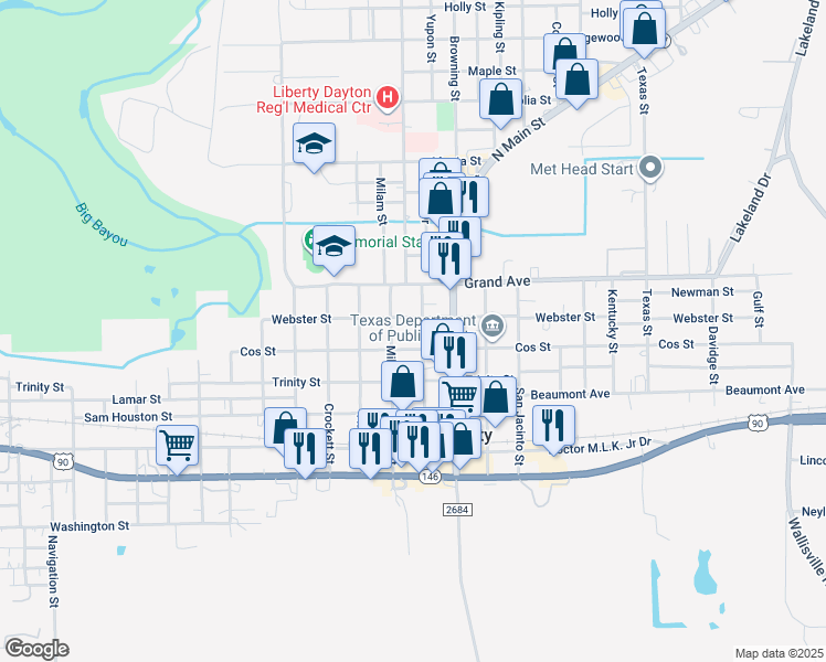 map of restaurants, bars, coffee shops, grocery stores, and more near 608 Travis Street in Liberty