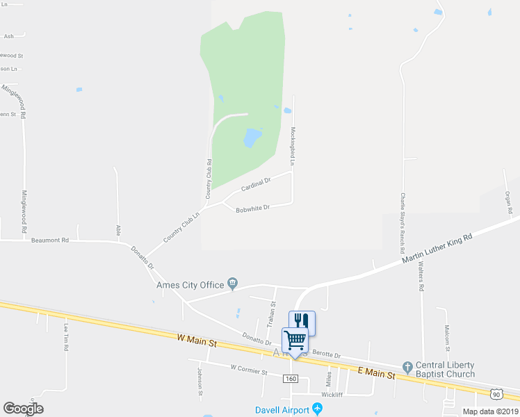 map of restaurants, bars, coffee shops, grocery stores, and more near 112 Bobwhite Drive in Liberty