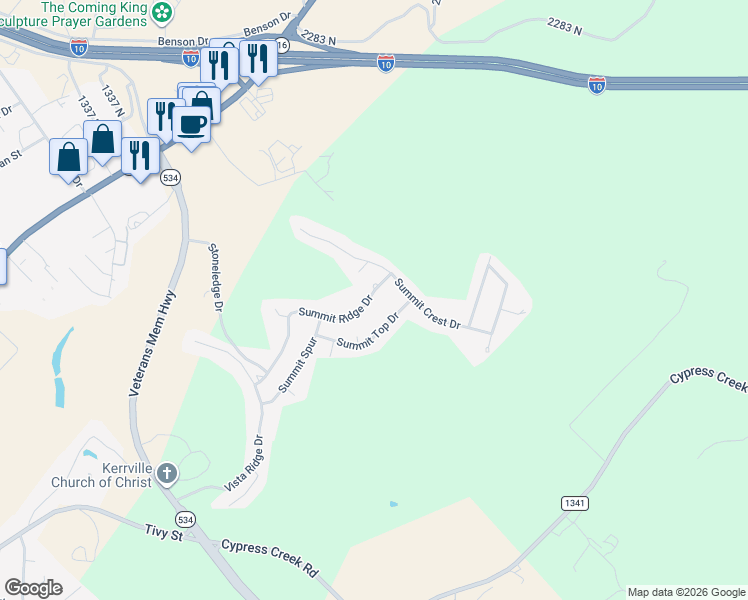 map of restaurants, bars, coffee shops, grocery stores, and more near 1919 Summit Ridge Drive in Kerrville