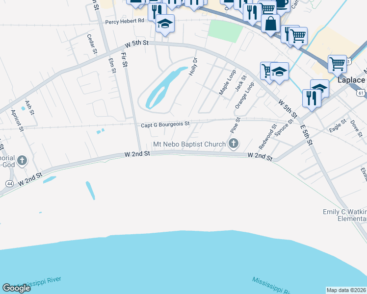 map of restaurants, bars, coffee shops, grocery stores, and more near 256 Persimmon Street in LaPlace