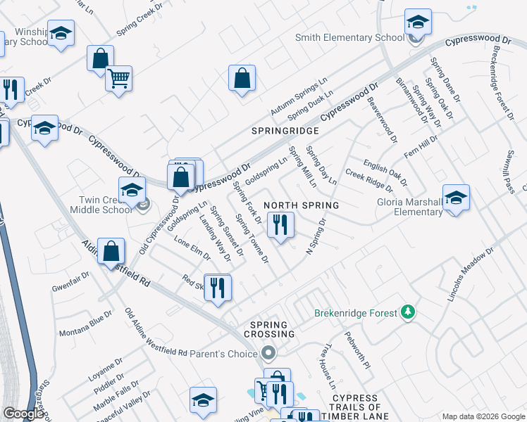 map of restaurants, bars, coffee shops, grocery stores, and more near 2306 Sun Spring Court in Spring
