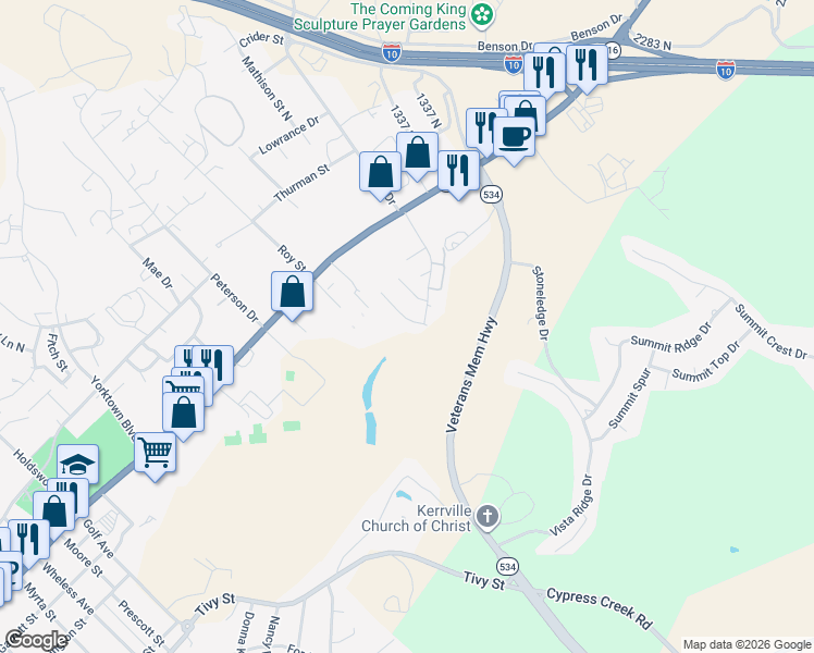 map of restaurants, bars, coffee shops, grocery stores, and more near 825 Laura Belle Drive in Kerrville