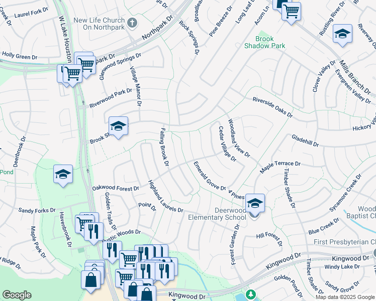 map of restaurants, bars, coffee shops, grocery stores, and more near 3215 Emerald Grove Drive in Houston