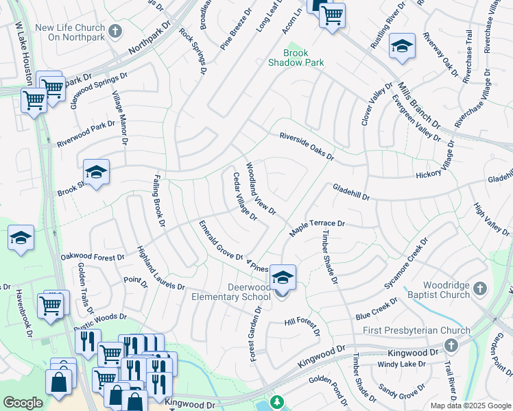 map of restaurants, bars, coffee shops, grocery stores, and more near 3115 Woodland View Drive in Humble