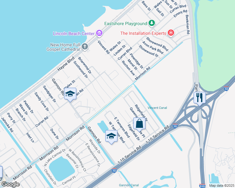 map of restaurants, bars, coffee shops, grocery stores, and more near 7501 Tricia Court in New Orleans