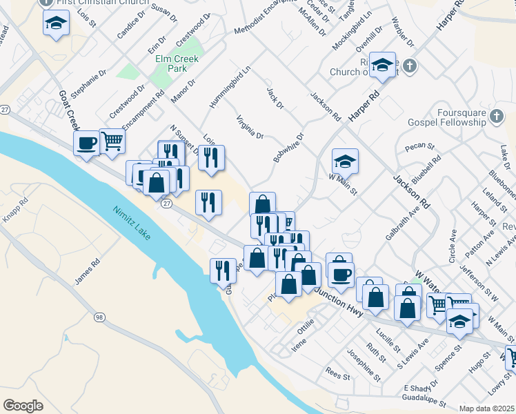 map of restaurants, bars, coffee shops, grocery stores, and more near 123 Commerce Street in Kerrville