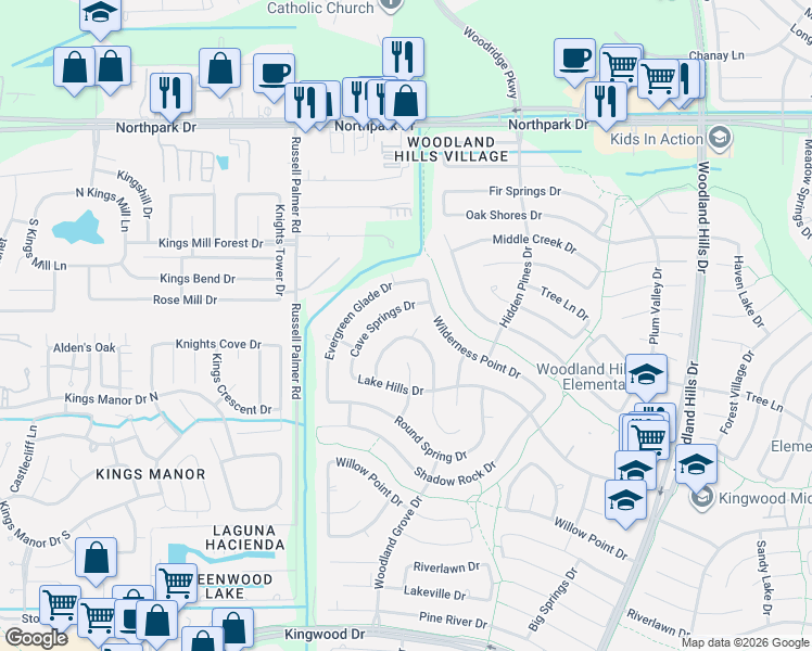 map of restaurants, bars, coffee shops, grocery stores, and more near 3407 Laurel Crest Court in Humble