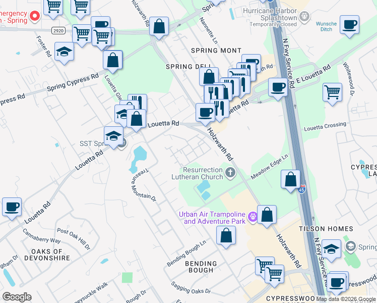 map of restaurants, bars, coffee shops, grocery stores, and more near Unnamed Road in Spring