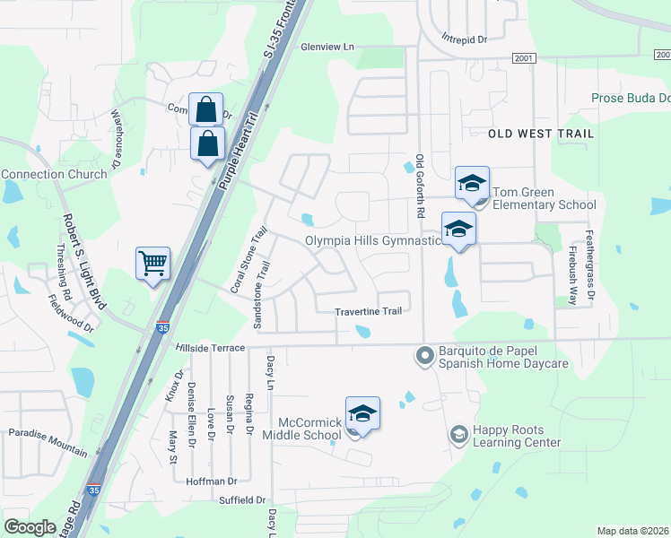 map of restaurants, bars, coffee shops, grocery stores, and more near 128 Red Morganite Trail in Buda