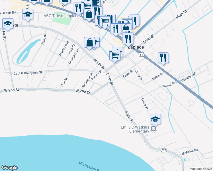map of restaurants, bars, coffee shops, grocery stores, and more near 309 Cardinal Street in LaPlace