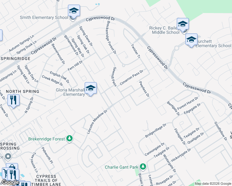 map of restaurants, bars, coffee shops, grocery stores, and more near 23414 Goldking Cross Court in Spring