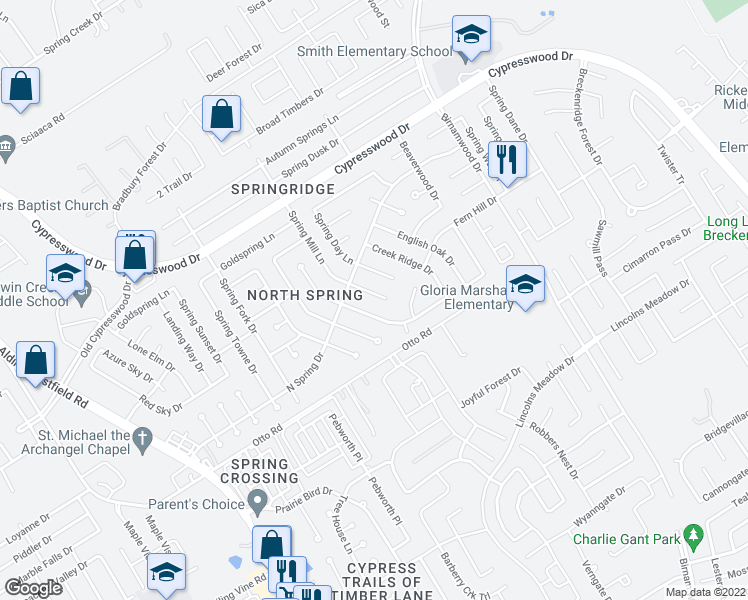map of restaurants, bars, coffee shops, grocery stores, and more near 23910 Farm Hill Drive in Spring