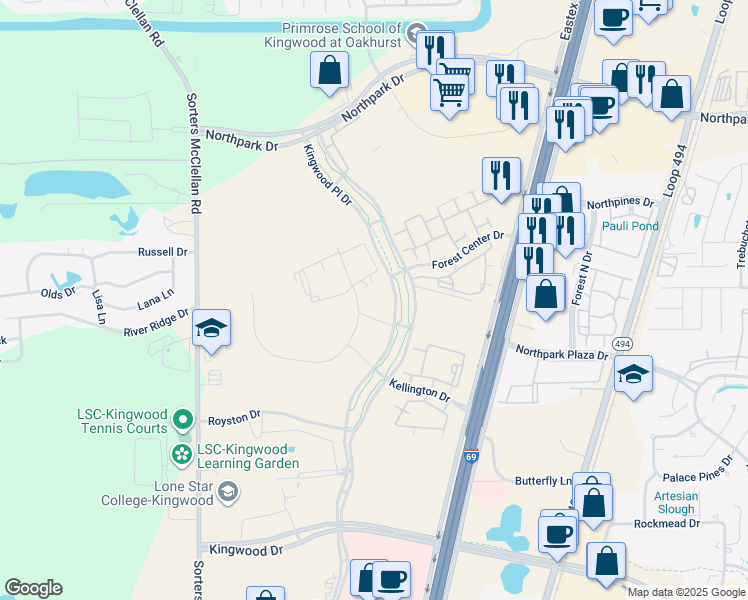 map of restaurants, bars, coffee shops, grocery stores, and more near 24025 Kingwood Place Drive in Houston