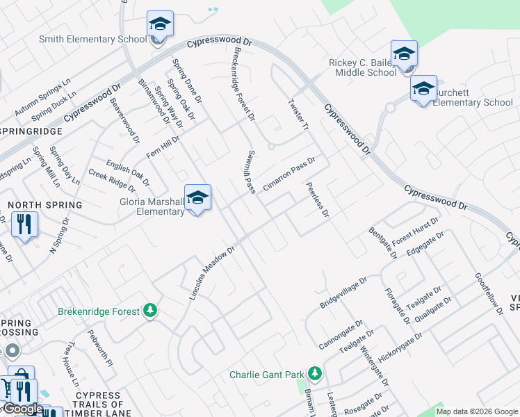 map of restaurants, bars, coffee shops, grocery stores, and more near 23414 Goldking Cross Court in Spring
