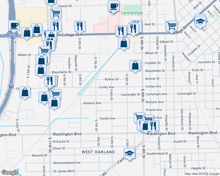 map of restaurants, bars, coffee shops, grocery stores, and more near 3115 Corley Street in Beaumont