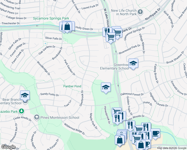 map of restaurants, bars, coffee shops, grocery stores, and more near 3227 Timberlark Street in Humble