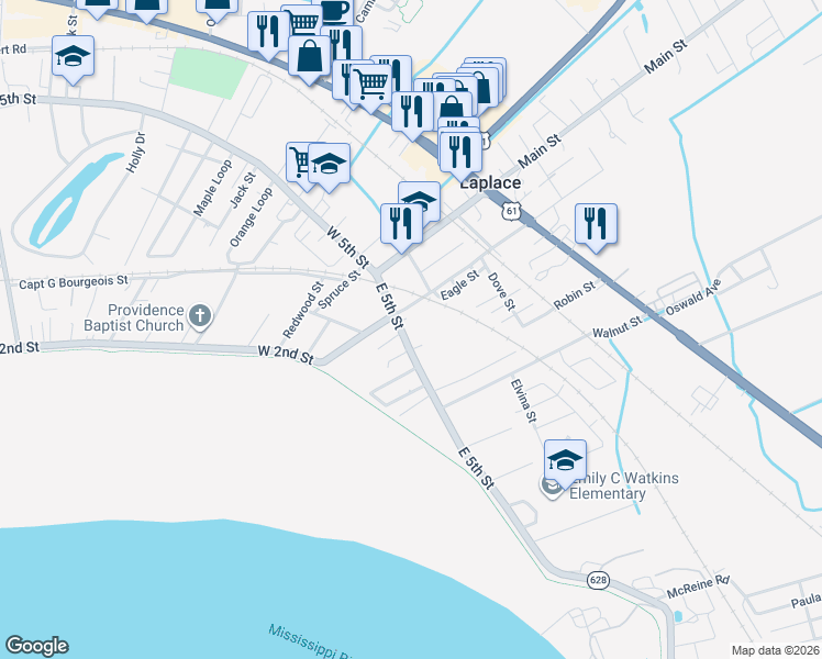 map of restaurants, bars, coffee shops, grocery stores, and more near 1152 Louisiana 628 in LaPlace