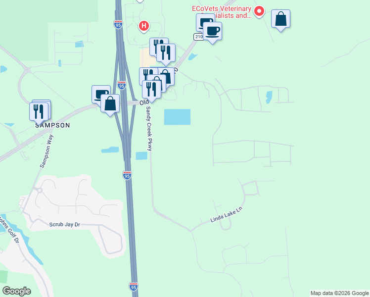 map of restaurants, bars, coffee shops, grocery stores, and more near 281 Sandy Creek Parkway in St. Augustine