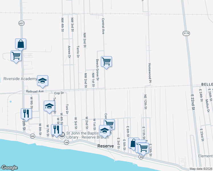 map of restaurants, bars, coffee shops, grocery stores, and more near 334 Central Avenue in Reserve