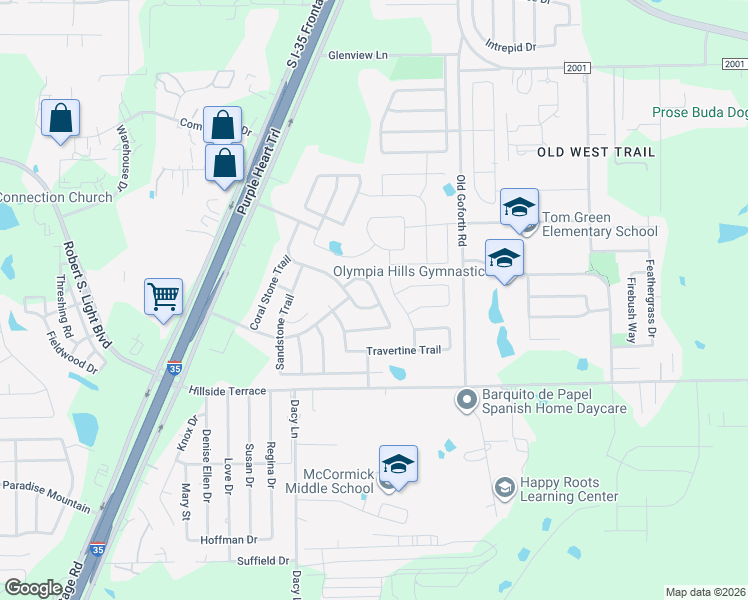 map of restaurants, bars, coffee shops, grocery stores, and more near 128 Red Morganite Trail in Buda