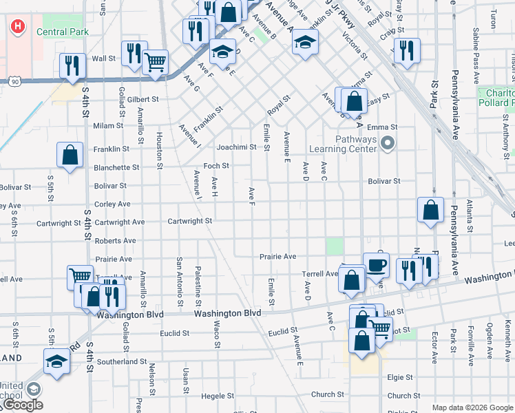 map of restaurants, bars, coffee shops, grocery stores, and more near 1901 Corley Avenue in Beaumont